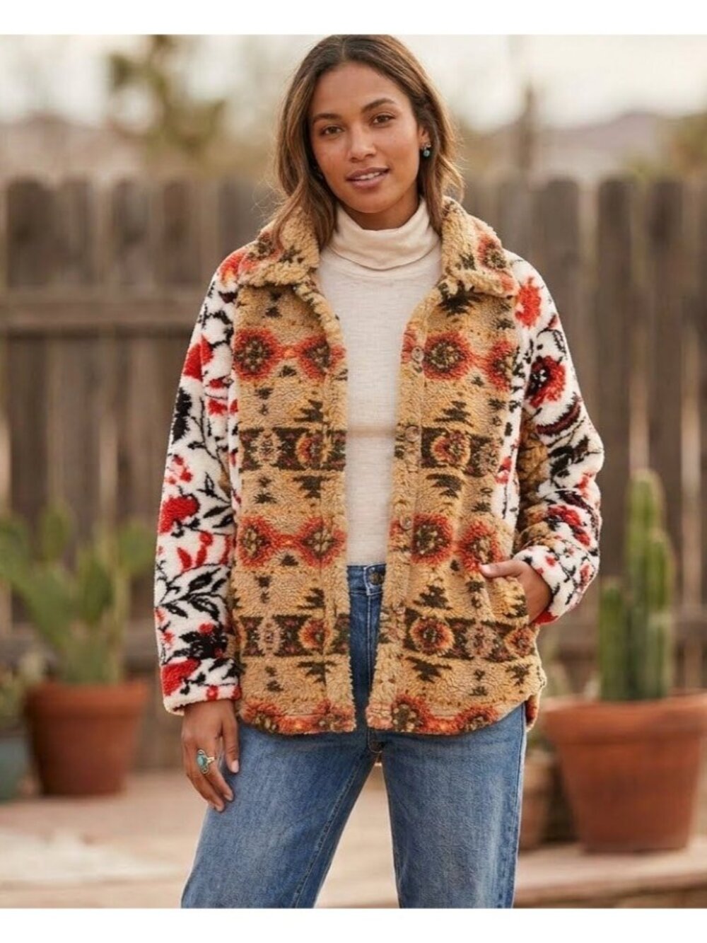Mystree Southwestern Print Faux Sherpa Shacket Coat  - Sz L - New